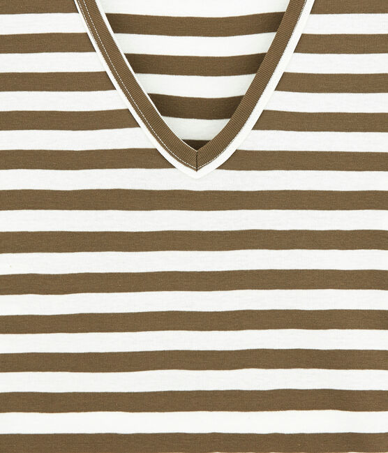 Camiseta de canalé original de rayas con cuello en pico para mujer marron SHITAKE/blanco MARSHMALLOW