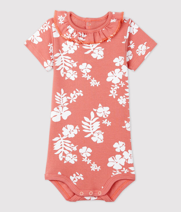 Bodi con estampado hawaiano con cuello isabelino de algod&oacute;n para beb&eacute; rosa/blanco