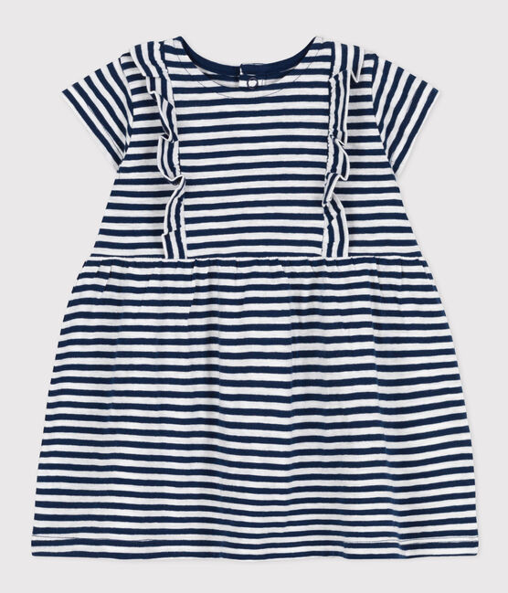 Vestido de manga corta de punto flameado a rayas para bebé azul MEDIEVAL/blanco MARSHMALLOW