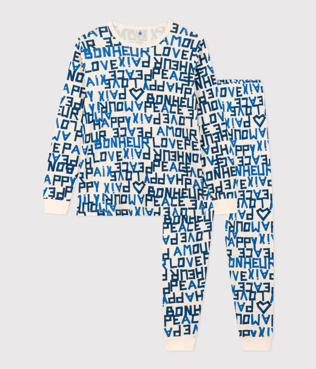 Pijama de algod&oacute;n con palabras azules para ni&ntilde;o crudo/multicolor