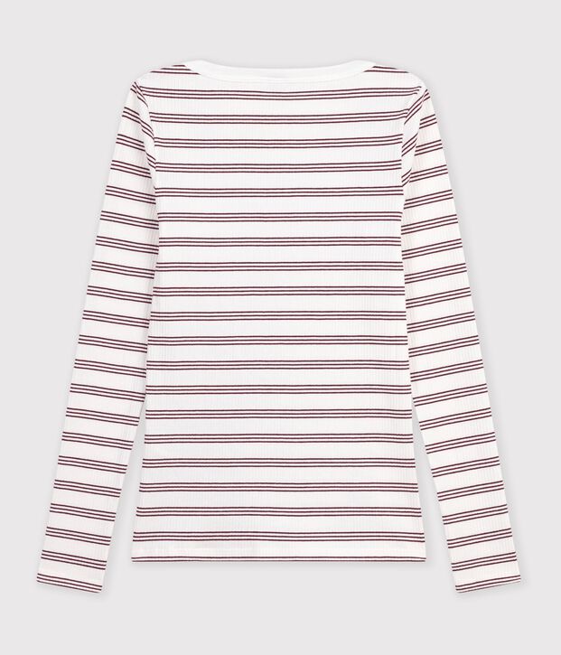 Camiseta de manga larga de algod&oacute;n a rayas con cuello almirante para mujer blanco/rojo