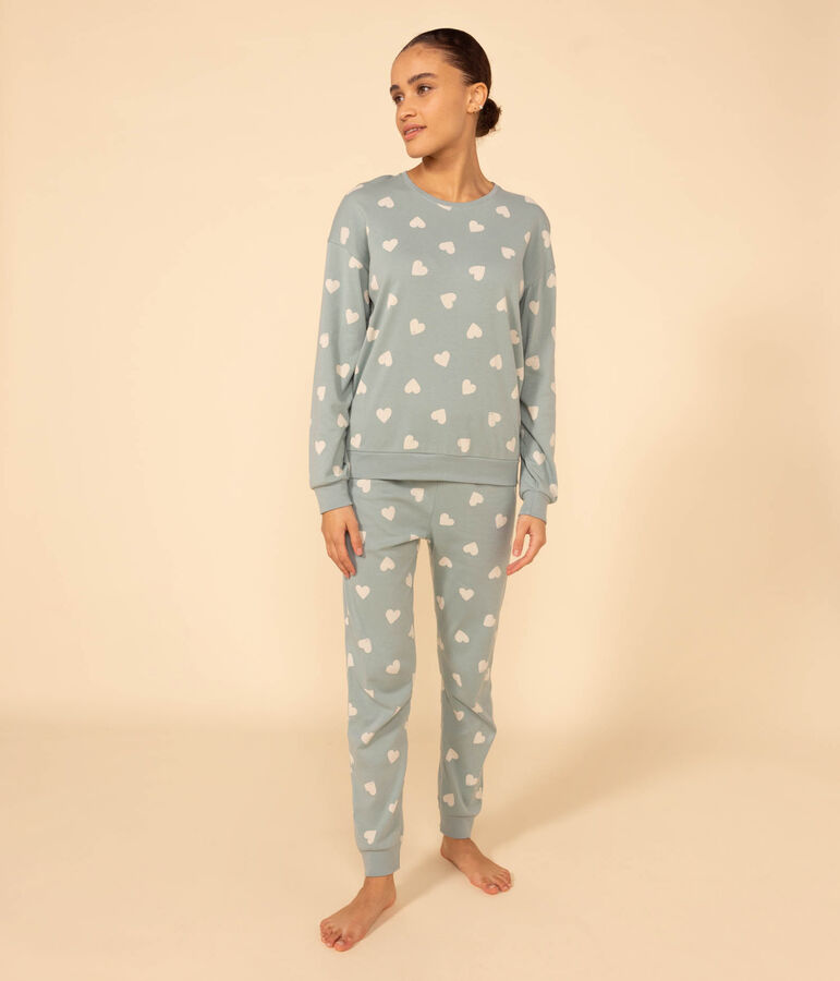 Pijama de algod&oacute;n con coraz&oacute;n para mujer verde/crudo