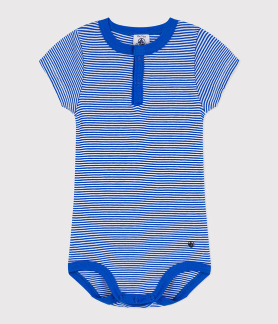 Body de manga corta de algodón milrayas para bebé azul PERSE/blanco MARSHMALLOW