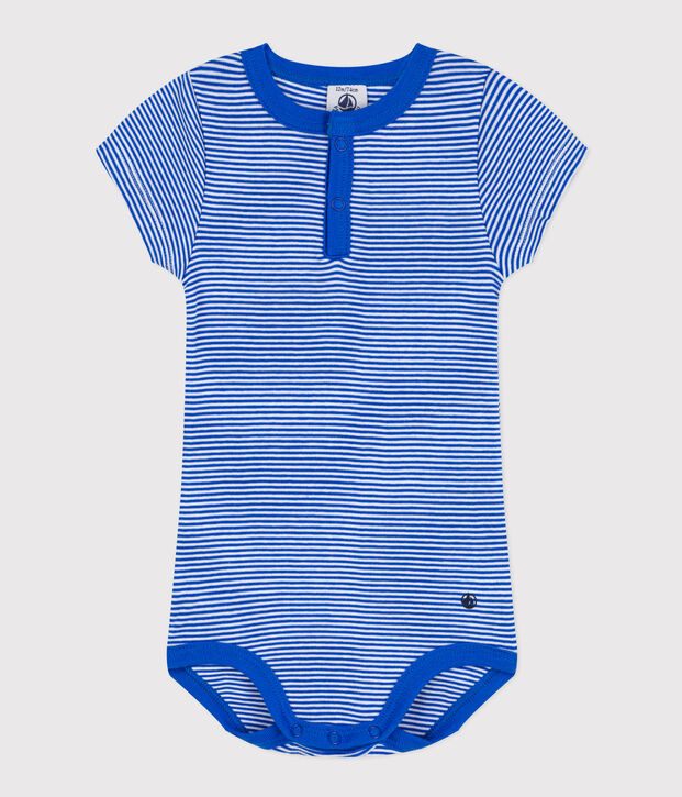 Body de manga corta de algod&oacute;n milrayas para beb&eacute; azul/blanco
