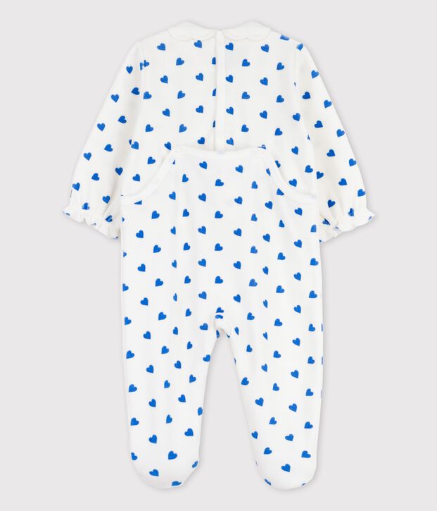 Pelele con corazoncitos azules de terciopelo de beb&eacute; blanco/azul