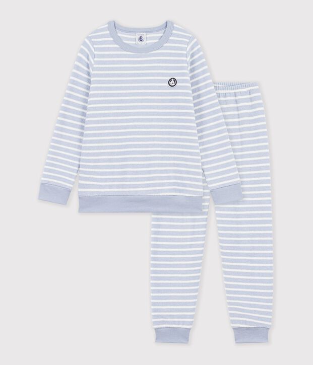Pijama infantil de rizo de algod&oacute;n a rayas azul/crudo