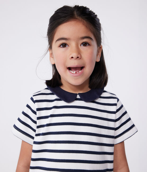 Vestido infantil de algod&oacute;n de manga corta blanco/azul