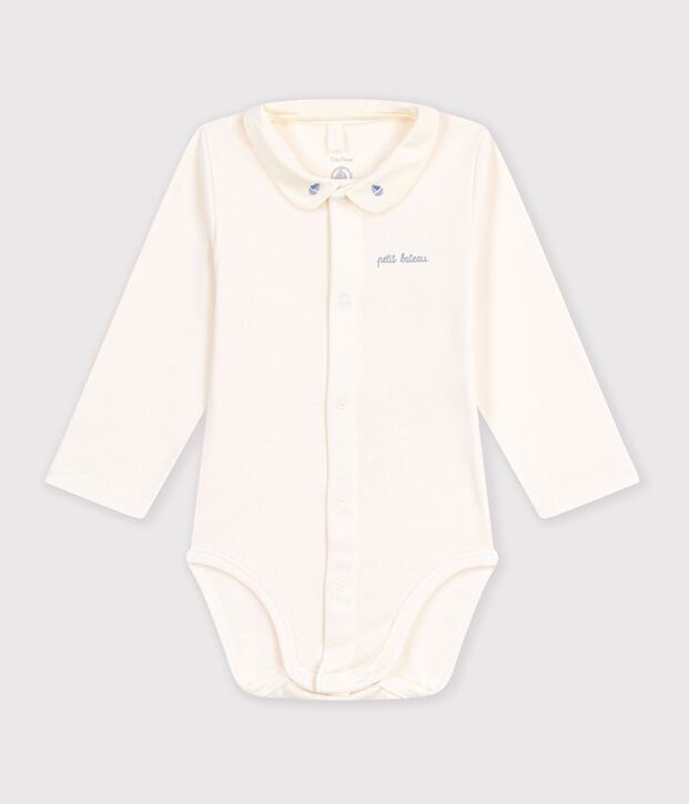 Body liso de manga larga de algod&oacute;n con cuello bordado para beb&eacute; azul/azul