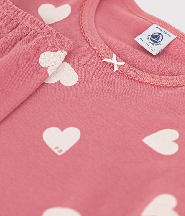 Pijama infantil de algod&oacute;n con estampado corazones rosa/crudo