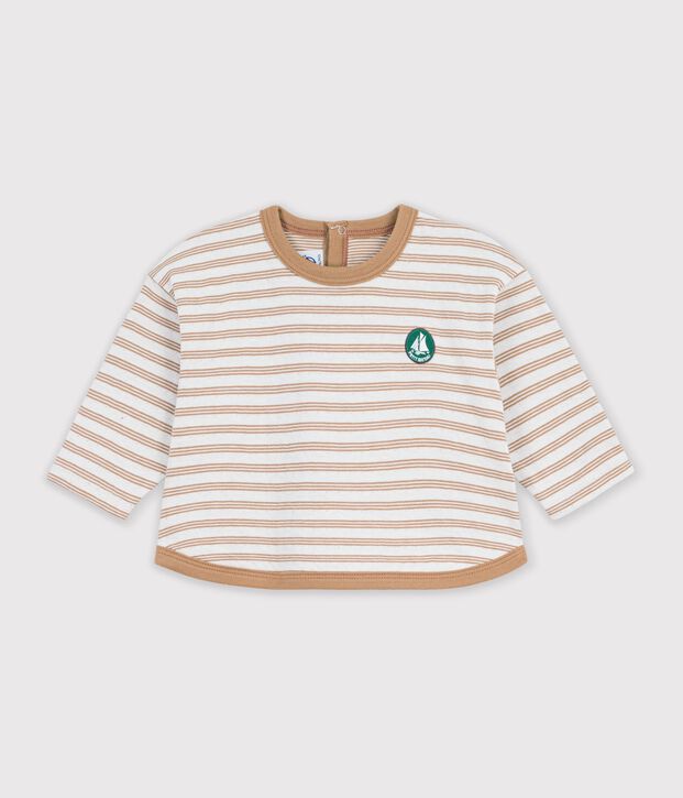 Camiseta de manga larga a rayas de algod&oacute;n para beb&eacute; beige/crudo