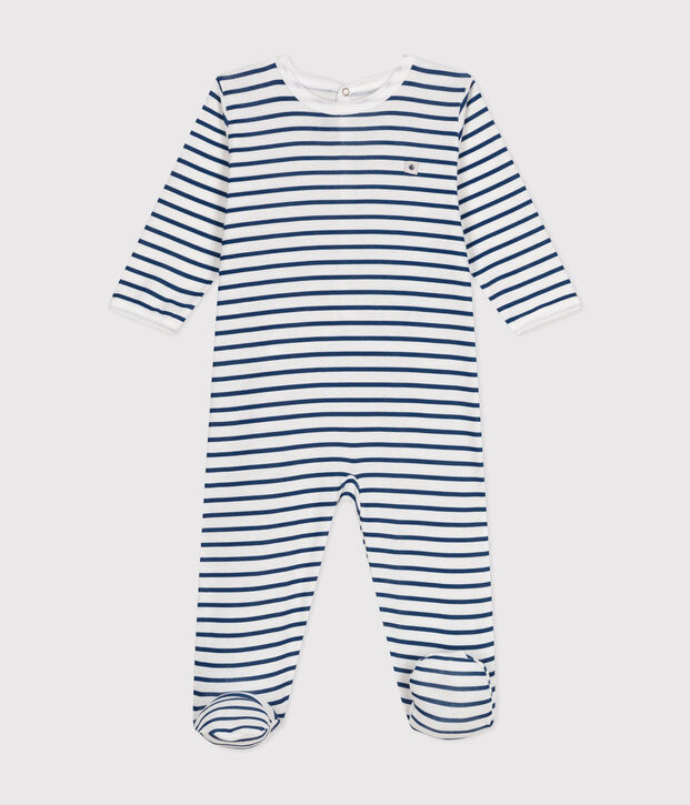 Pijamas de beb&eacute; de manga larga de algod&oacute;n blanco/azul