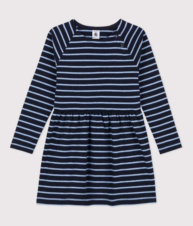 Vestido c&aacute;lido de algod&oacute;n a rayas de manga larga de ni&ntilde;a azul/azul