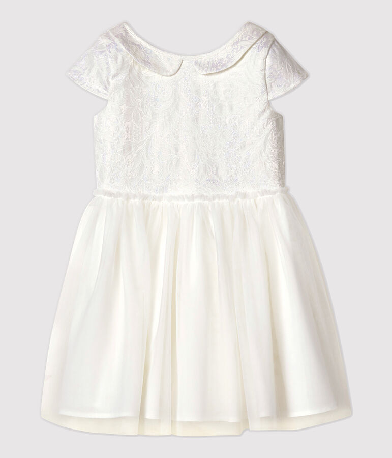 Vestido de celebraci&oacute;n de jacquard y tul de ni&ntilde;a blanco