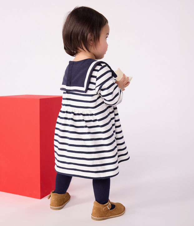 Vestido marinero de algod&oacute;n grueso de manga larga para beb&eacute; blanco/azul