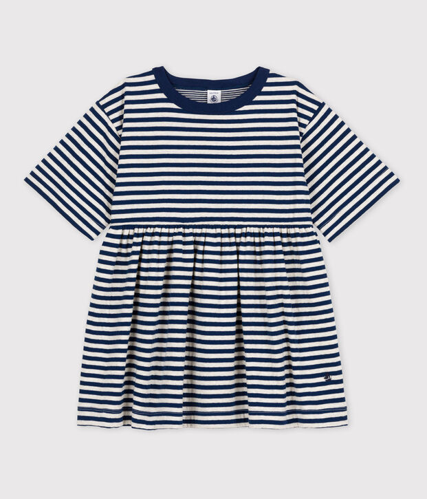Vestido a rayas de manga 3/4 de t&uacute;bico de ni&ntilde;a azul/beige