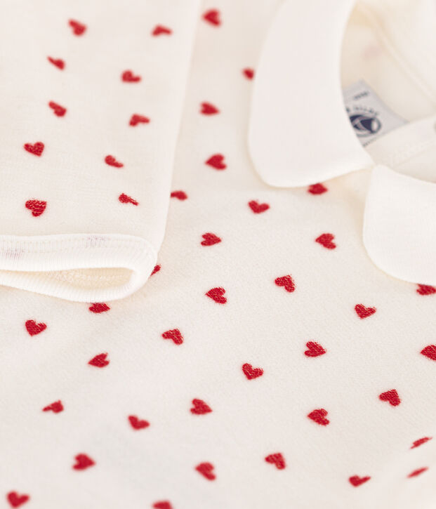Pijama de terciopelo con corazones para beb&eacute; blanco/rojo