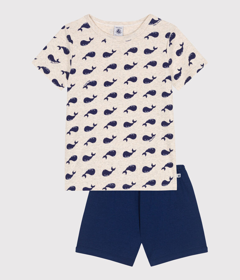 Pijama corto infantil de algod&oacute;n con estampado de ballenas azul MEDIEVAL/blanco MULTICO