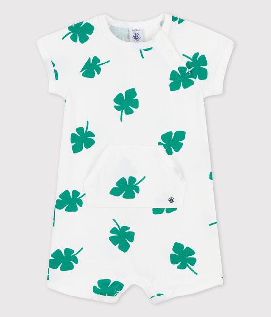 Mono corto con estampado vegetal de muletón para bebé blanco MARSHMALLOW/verde GAZON