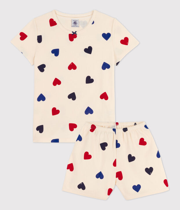 Pijama corto de coraz&oacute;n de algod&oacute;n de ni&ntilde;a crudo/multicolor
