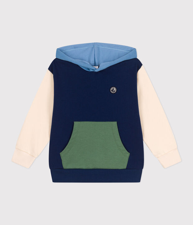 Sudadera infantil de algod&oacute;n liso con capucha azul/multicolor