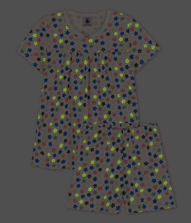 Pijama corto con flores fosforescentes de algod&oacute;n de ni&ntilde;a blanco/multicolor