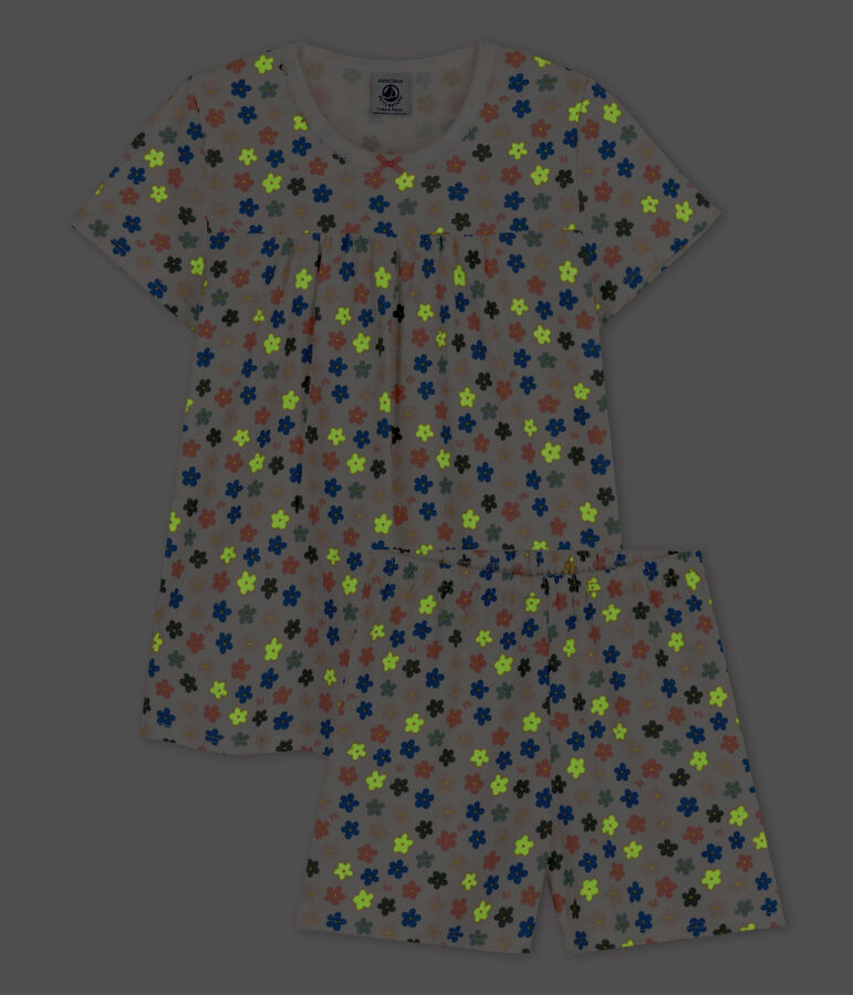 Pijama corto con flores fosforescentes de algod&oacute;n de ni&ntilde;a blanco/multicolor