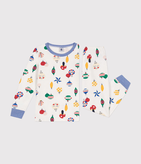 Pijama infantil de felpa cepillada con estampado de bolas de Navidad blanco MARSHMALLOW/blanco MULTICO