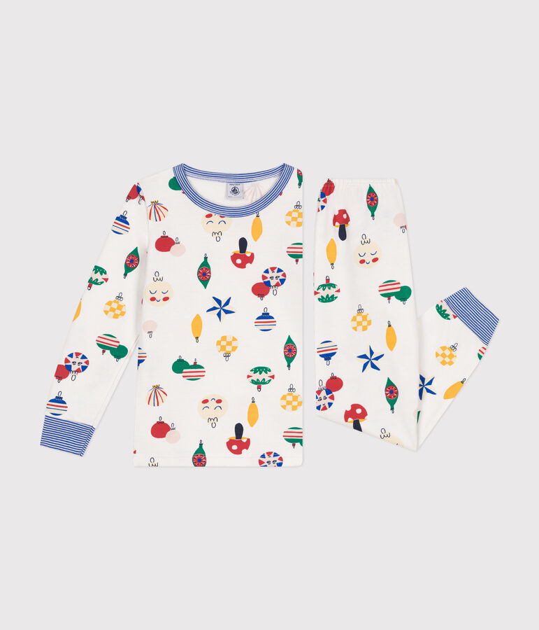 Pijama infantil de felpa cepillada con estampado de bolas de Navidad blanco/multicolor