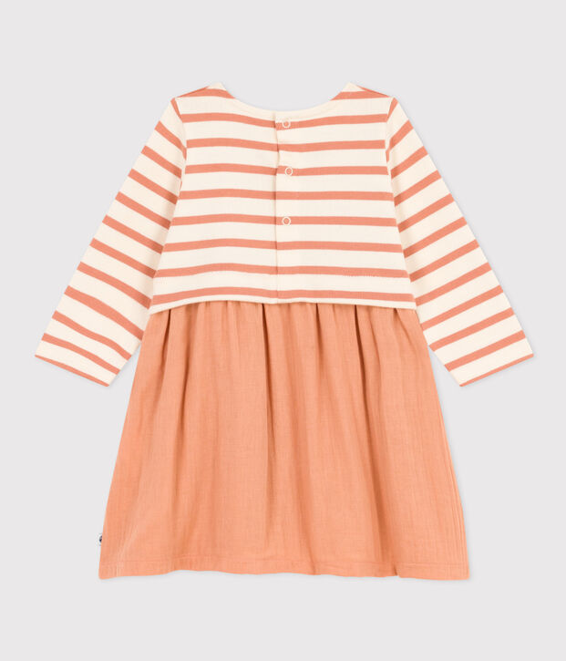 Vestido de dos materiales de manga larga de beb&eacute; rosa/crudo