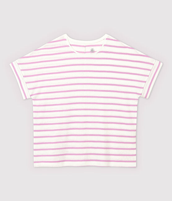 Camiseta de algodón/lino de rayas de mujer blanco MARSHMALLOW/rosa BOHEME