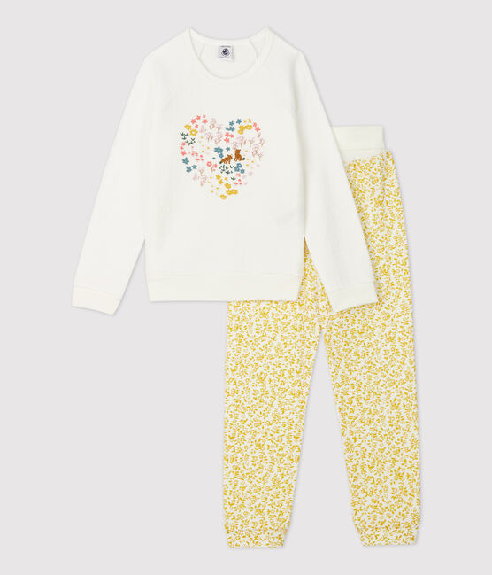 Pijama con flores de niña de rizo cepillado amarillo OCRE/blanco MARSHMALLOW