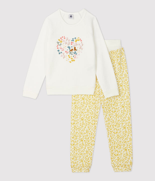 Pijama con flores de ni&ntilde;a de rizo cepillado amarillo/blanco