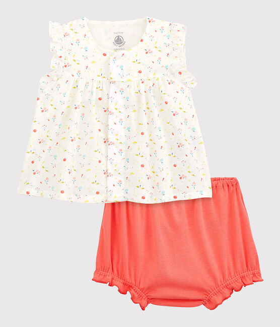 Conjunto de 2 prendas de flores de bebé niña en urdimbre y trama de algodón ecológico blanco MARSHMALLOW/blanco MULTICO