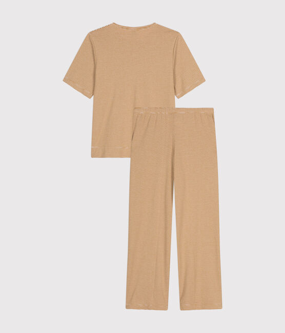 Pijama de algodón a rayas para mujer marron CUIVRE/ MARSHMALLOW