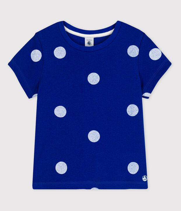 Camiseta de manga corta de algod&oacute;n/lino de ni&ntilde;a azul/blanco
