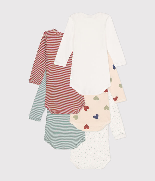 Juego de 5 bodis de algod&oacute;n de manga larga con tres corazones para beb&eacute; multicolor