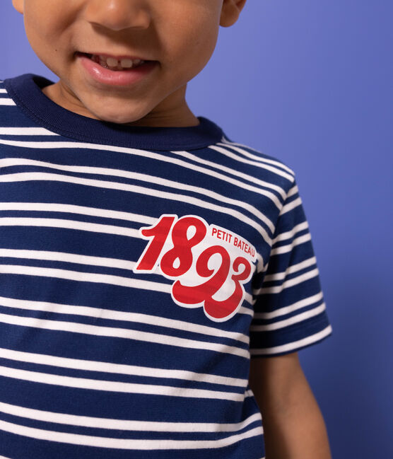 Camiseta de algodón a rayas para niño azul MEDIEVAL/blanco MARSHMALLOW