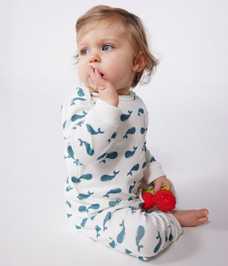 Pijama de algod&oacute;n con ballenas y abertura sin botones de presi&oacute;n para beb&eacute; blanco/verde