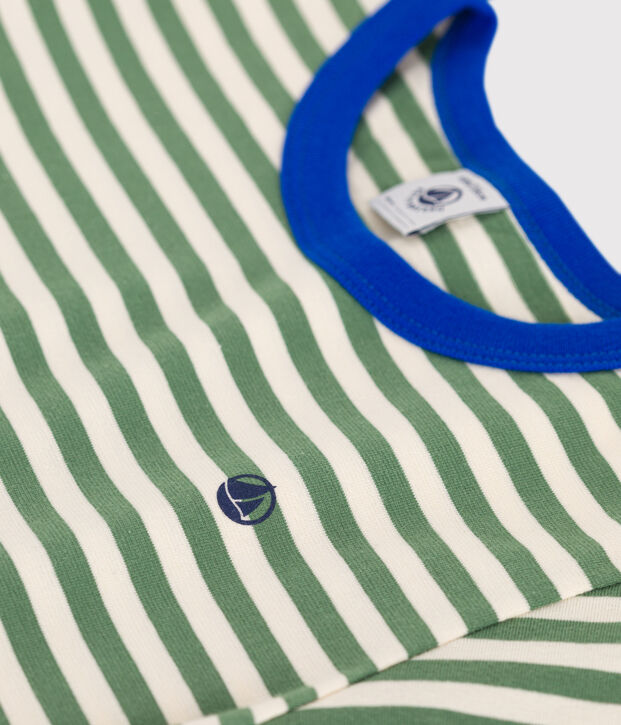 Camiseta infantil de manga corta de algod&oacute;n con rayas verde/crudo