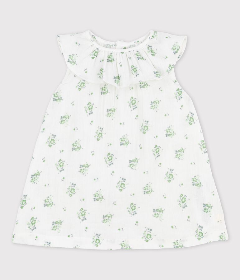 Vestido para beb&eacute; de manga corta con estampado de flores de gasa de algod&oacute;n ecol&oacute;gico blanco/multicolor