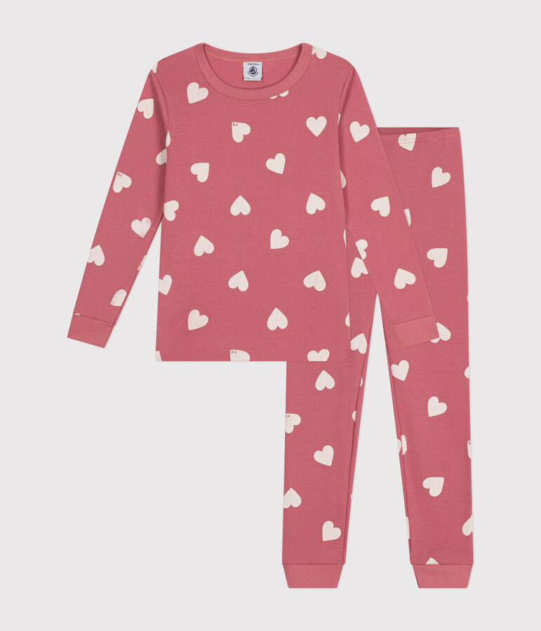 Pijama infantil ajustado de algod&oacute;n con estampado de corazones rosa/crudo