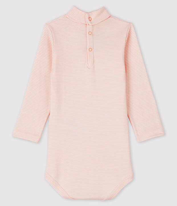 Bodi de manga larga con cuello de tortuga para beb&eacute; rosa/blanco