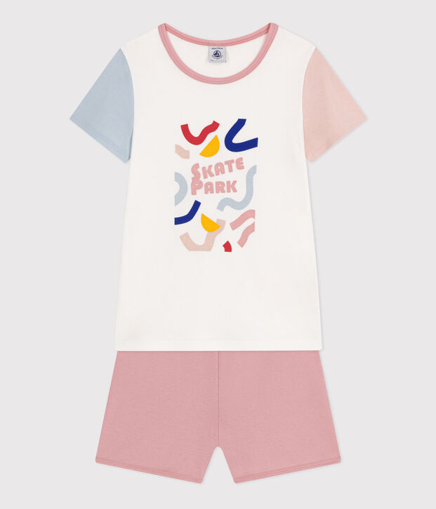 Pijama infantil corto y liso de algod&oacute;n blanco/multicolor