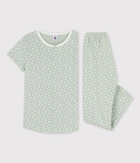 Pijama de manga corta floral de algodón de niña verde HERBIER/ MARSHMALLOW