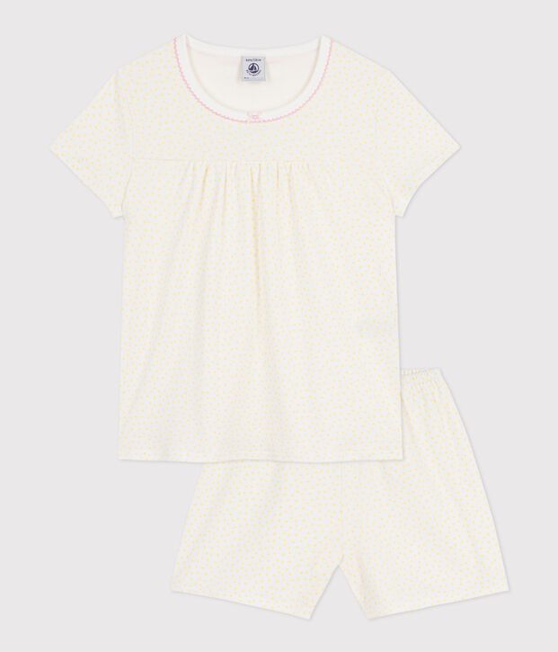 Pijama corto infantil de algod&oacute;n con frunces y estampado de lunares amarillo/blanco