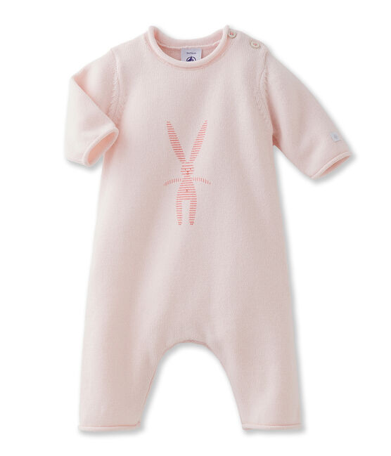 Unisex baby long all-in-one in wool and cotton knit with rabbit print rosa FLEUR
