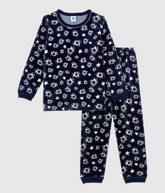 Pijama con estampado de estrellas de niño de terciopelo azul SMOKING/blanco MARSHMALLOW