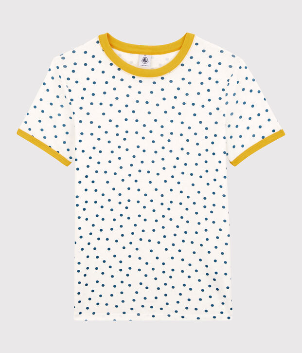 Camiseta de cuello redondo de lunares de algod&oacute;n de mujer blanco/azul