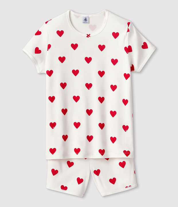 Pijama corto de algod&oacute;n de ni&ntilde;a con corazones blanco/rojo