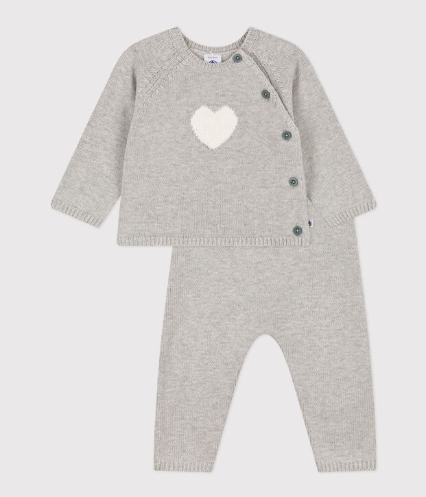 Conjunto de punto de lana y algod&oacute;n con motivo de coraz&oacute;n para beb&eacute; gris/blanco
